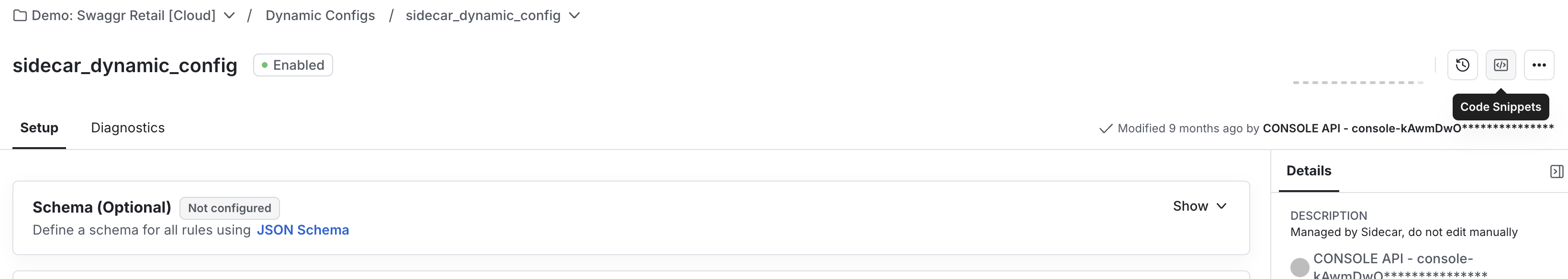 dynamic config code snippet button